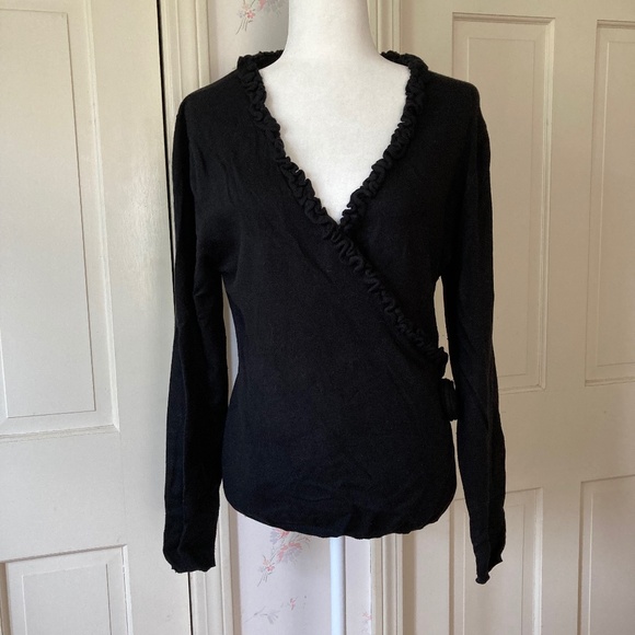 Silk Cashmere Ruffled V Neck with Flower Accent - Picture 1 of 9